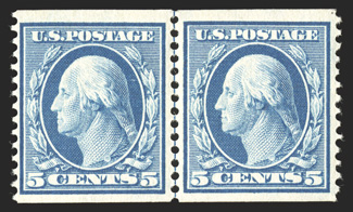 355, 5c Blue coil, perf. 12 vert., guide line pair, nicely centered, bright color, o.g., lightly hinged, very fine 2001 PF certificate.