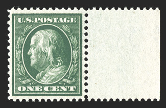 357, 1c Green on bluish paper, stunning right sheet-margin mint single, flawlessly centered within large equal margins, o.g., l.h., an extremely fine gem 1988 PF
certificate.