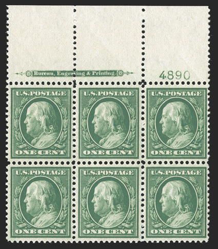 357, 1c Green on bluish paper, a particularly choice full top margin imprint and plate no. 4890 block of six, extraordinarily well centered and margined throughout, deep rich
color on strongly blued paper, marvelously fresh, with strong and inta