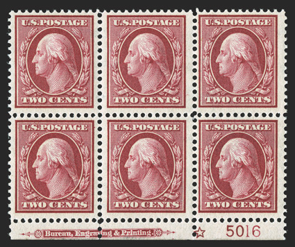 358, 2c Carmine on bluish paper, a very scarce bottom margin imprint, star and plate no. 5016 block of six, intense color on deeply blued paper, well centered, especially the
left four stamps, o.g., n.h., several perf. separations at bottom left