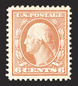 362, 6c Red orange on bluish paper, an appealing mint example, featuring lavishly large margins for this and being wonderfully well centered within them, marvelously bright and
fresh, o.g., very lightly hinged, extremely fine 1979 and 1998 PF c