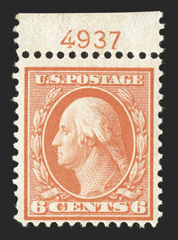 362, 6c Red orange on bluish paper, seldom seen top margin plate no. 4937 mint single, post office fresh, radiant rich color on strongly blued paper, o.g., n.h.,
fine.