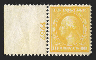 364, 10c Yellow on bluish paper, a striking left sheet-margin plate no. 4944 mint single, boasting absolutely radiant color on fresh paper that shows its bluing well, plus it
is incredibly well centered within generous equal margins, o.g., l.h.,