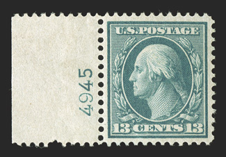 365, 13c Blue green on bluish paper, a remarkable left sheet-margin plate no. 4945 mint single, featuring outstanding centering within uncommonly large and well balanced
margins, luxuriant color and strong impression on fresh paper, o.g., l.h.,