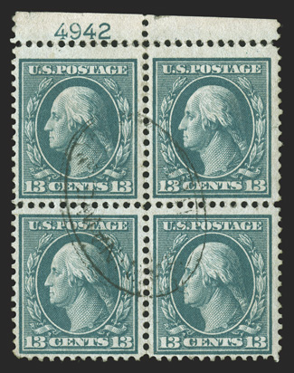 365, 13c Blue green on bluish paper, an incredibly rare top sheet-margin plate no. 4942 used block of four, neatly cancelled by a light strike of oval Saginaw, Michigan
postmark, nicely centered for a multiple of this scarce stamp, strong and in