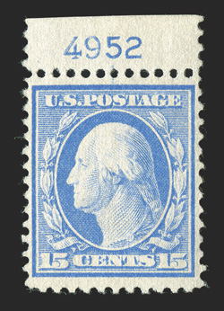 366, 15c Pale ultramarine on bluish paper, top sheet-margin plate no. 4952 mint single, precisely centered, vivid rich color on strongly blued paper, o.g., tiny trace of
hinging, fresh and very fine very scarce as a plate number single as only