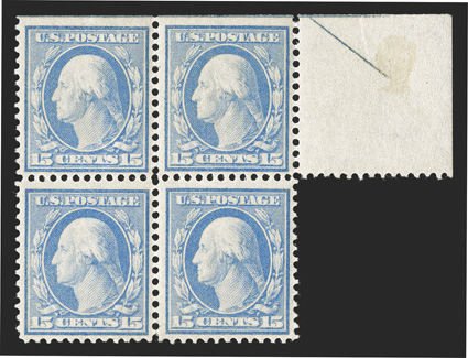 366, 15c Pale ultramarine on bluish paper, top margin mint block of four, with portion of sheet-selvage showing part arrow at right, fresh and intact, o.g., top left stamp
light h.r., top right stamp very lightly hinged and the bottom pair n.h.,