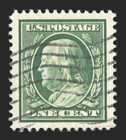 374, 1c Green, a stunning example that is probably the finest used copy extant, as it features enormous and symmetrically balanced margins all around, brilliantly rich color
and a crisp impression on pristine white paper, light machine cance