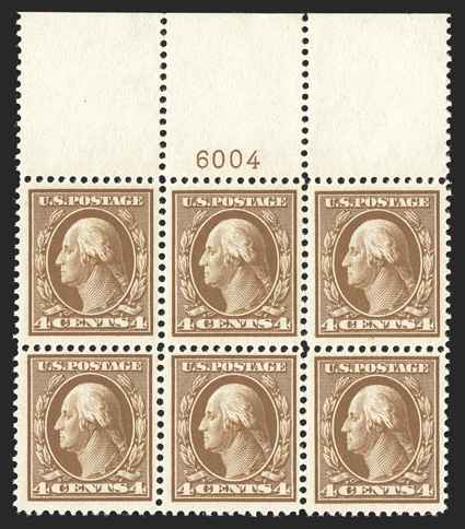 377, 4c Brown, lovely full top margin plate no. 6004 block of six, post office fresh and well centered, sumptuously rich color and strong impression, strong and intact
perforations all around, unblemished o.g., n.h., choice very fine and handsom