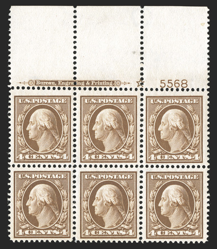 377, 4c Brown, impressive full top margin imprint, star and plate no. 5568 block of six, exceptionally well centered and margined, sumptuously rich color and sharp impression,
crisp and intact, o.g., bottom center stamp l.h., the rest n.h., extr