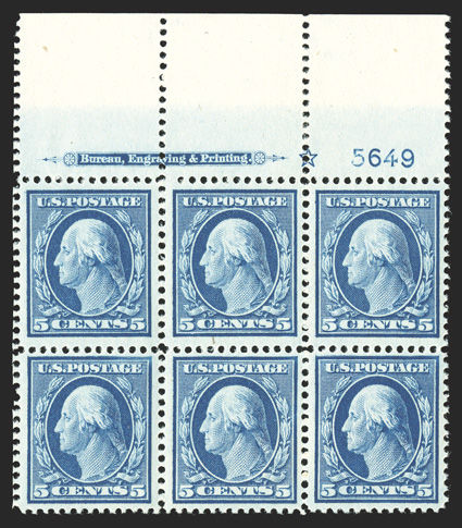 378, 5c Blue, desirable full top margin imprint, star and plate no. 5649 block of six, lovely bright color and crisp impression on fresh white paper, particularly well centered
and margined, strong and intact, o.g., top right pair l.h., the othe