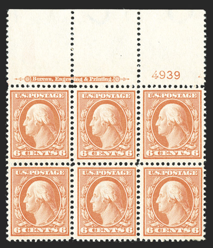 379, 6c Red orange, handsome full top margin imprint and plate no. 4939 block of six, fresh and well centered, with strong and intact perforations all around, bright color and
detailed impression, o.g., bottom left and bottom right stamps l.h.,