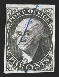 9X1, New York, N.Y., 5c Black Postmaster Provisional, signed ACM connected, ample to huge margins all around, including a portion of the adjacent stamp at top, rich color and a
razor-sharp impression on crisp white paper, neat blue pen stroke ca