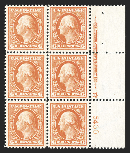 379, 6c Red orange, eye-catching right margin imprint, star and plate no. 5430 block of six, boasting outstanding centering throughout, gloriously rich color and strong and
intact perforations, o.g., top right pair very lightly hinged, the rest