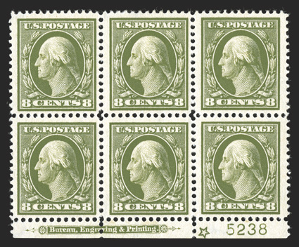 380, 8c Olive green, especially fresh bottom margin imprint, star and plate no. 5238 block of six, excellent centering and margins, sumptuously rich color, crisp and intact,
o.g., top center stamp l.h., the others all n.h., choice very fine and