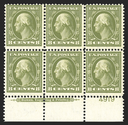 380, 8c Olive green, post office fresh bottom margin imprint and plate no. 4919 block of six, gloriously rich color, crisp and intact, o.g., n.h., fine and
scarce.