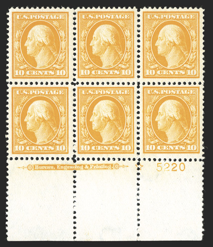 381, 10c Yellow, wonderfully fresh extra-wide bottom margin imprint, star and plate no. 5220 block of six, radiant color on bright white paper, well centered for this always
difficult plate block, crisp and intact, pristine o.g., n.h., very fine