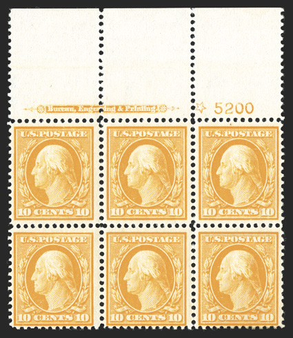 381, 10c Yellow, full top margin imprint, star and plate no. 5200 block of six, radiant color on fresh paper, crisp and intact, o.g., bottom left and bottom right stamps l.h.,
the rest n.h., natural gum skip at right, two stamps with mar 15 12