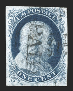 8A, 1c Blue, Ty. IIIa, used, three large margins, ample at top except just into the design at right, strong color and impression on fresh white paper, light PAID cancel, very
fine 2002 PF certificate.