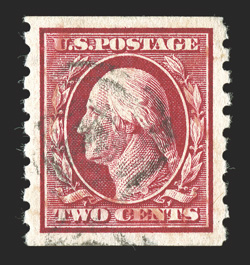 393, 2c Carmine coil, perf. 8½ vert., choice used single, excellent centering within large margins, deep vibrant color, lightly cancelled, extremely fine 2010 PSE certificate
(XF-Superb 95 SMQ $215.00).