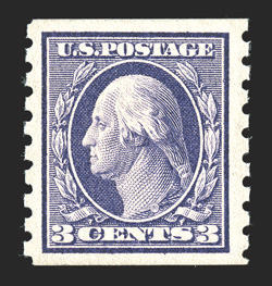 394, 3c Deep violet coil, perf. 8½ vert., impressive mint single, surprisingly well centered amid extravagantly wide margins for a coil, vivid rich color, o.g., n.h., an
extremely fine jumbo 1995 PF certificate.
