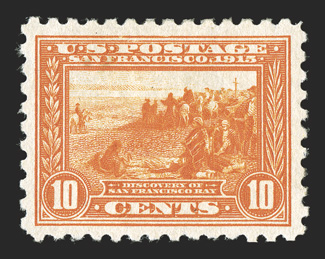 404, 10c Panama-Pacific, perf. 10, excellent centering, luxuriant color, o.g., light h.r., extremely fine.