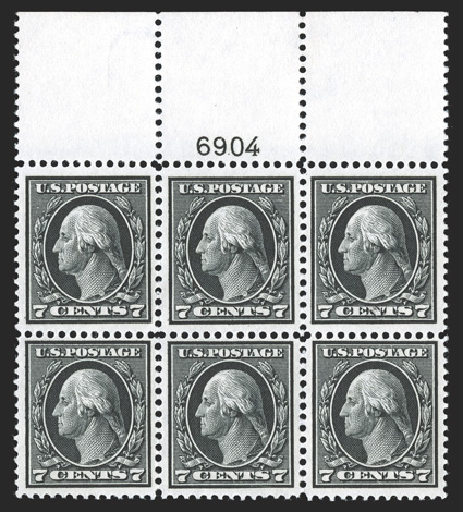 407, 7c Black, a very attractive full top margin plate no. 6904 block of six, unusually well centered for this difficult value, intense color and sharp impression on fresh
white paper, strong and intact, pristine o.g., barest trace of hinging, v