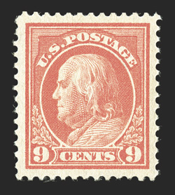 415, 9c Salmon red, beautifully centered amid extravagantly large margins, strong color, o.g., lightly hinged, extremely fine a particularly difficult value to find this well
centered and margined 2009 PSE certificate (Superb 98 Jumbo SMQ $28