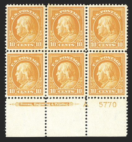 416, 10c Orange yellow, marvelous wide bottom margin imprint, letter A and plate no. 5770 block of six, incredibly well centered throughout, with each stamp being remarkably
well centered, radiant rich color on fresh paper, strong and intact,