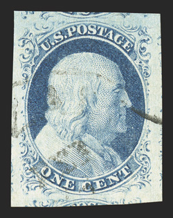 9, 1c Blue, Ty. IV, an outstanding used example, featuring huge and symmetrical margins all around, strong rich color and a crisp clean impression on bright white paper,
unusually light c.d.s. cancel, an extremely fine gem 2010 PSE certificate