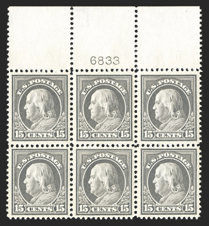 418, 15c Gray, an impressive full top margin plate no. 6833 block of six, featuring flawless centering, with each stamp being precisely centered within large margins, strong
and intact perforations all around, strong color and sharp impression o