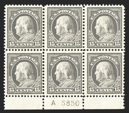 418, 15c Gray, bottom margin letter A and plate no. 5850 block of six, attractively centered, crisp and intact, o.g., top center stamp h.r., the rest n.h., fine-very
fine.