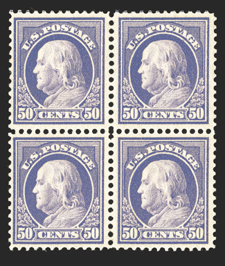 422, 50c Violet, double line watermark, mint block of four, rich color on fresh paper, o.g., l.h., fine-extremely fine.