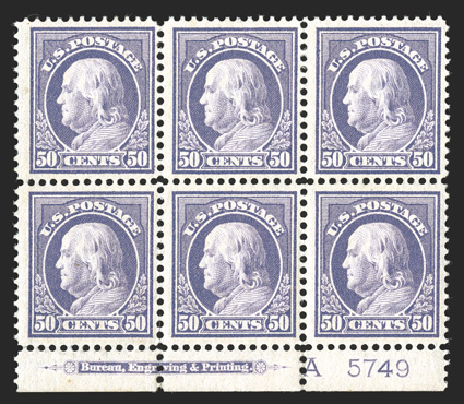 422, 50c Violet, double line watermark, a superior bottom margin imprint, letter A and plate no. 5749 block of six, remarkably well centered for a plate block of this, o.g.,
l.h., bottom center stamp n.h., very fine an especially attractive e