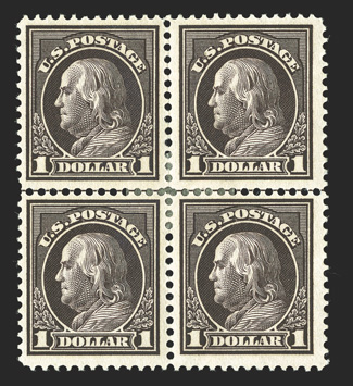 423, $1.00 Violet brown, mint block of four with horizontal guide line, well centered, o.g., h.r., three with natural gum bends, very fine.