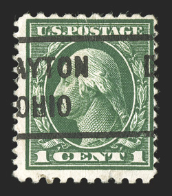 423D, 1c Green, perf. 10x12, used with typical DaytonOhio pre-cancellation, intense color, light creases and reperforated at bottom where there is also a small tear, fine
appearance one of only 42 recorded examples, all of which are used a