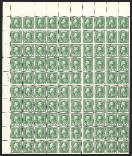424, 1c Green, upper left pane of 100, without plate number in the top selvage, plate no. 6585 in the left selvage, fresh and intact, o.g, n.h., two s.e. stamps with small
thins, otherwise mostly fine-very fine sheets without top pate numbe