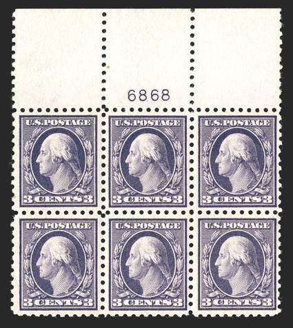 426, 3c Deep violet, full top margin plate no. 6868 block of six, excellent centering, deep rich color, o.g., top center stamp l.h., the rest n.h., bottom left stamp with a
natural paper wrinkle at bottom left, otherwise extremely fine.