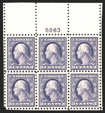 426, 3c Deep violet, full top margin plate no. 6863 block of six, scissor separated from the sheet so as to incorporate portions of the surrounding stamps, fresh and well
centered, o.g., top center stamp small h.r., the others all n.h., very fin