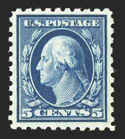 428, 5c Blue, near perfect centering within generous balanced margins, incredibly intense color on bright paper, o.g., n.h., extremely fine.