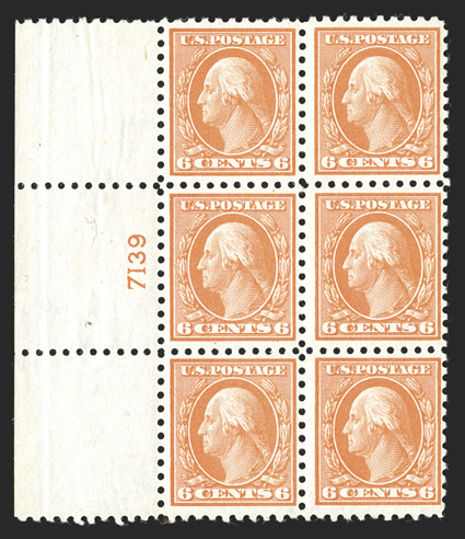 429, 6c Red orange, left margin plate no. 7139 block of six, post office fresh, vivid rich color, o.g., n.h., fine-very fine.