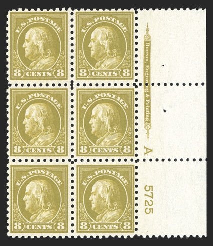 431, 8c Pale olive green, right margin imprint, letter A and plate no. 5725 block of six, attractively centered, sumptuously rich color, o.g., right center stamp l.h., the rest
n.h., very fine.