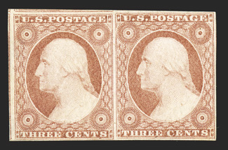 11A, 3c Dull red, type II, attractive horizontal pair, large to extra-large margins all around, bright color, full o.g., lightly hinged, extremely fine 1980 PF, 2004 PF and 2009
PSE certificates.