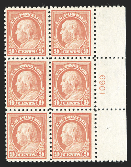 432, 9c Salmon red, right margin plate no. 6901 block of six, strong color on fresh paper, o.g., right center stamp h.r., the others n.h., fine.