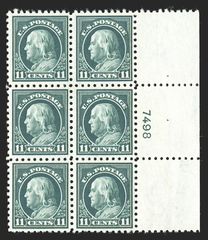 434, 11c Dark green, right margin plate no. 7498 block of six, beautifully centered and marvelously fresh, intense color, o.g., n.h., left center stamp with a light natural
paper wrinkle, still very fine.
