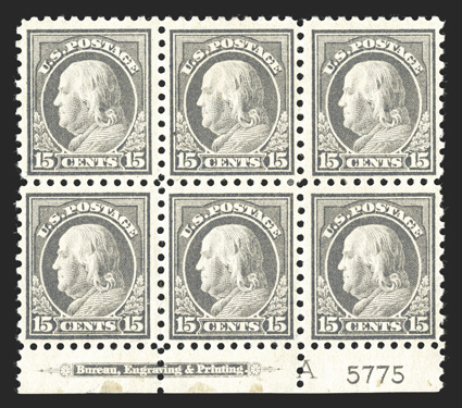 437, 15c Gray, bottom margin imprint, letter A and plate no. 5775 block of six, rather well centered, strong color, o.g., very fine.