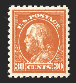 439, 30c Orange red, gem mint single, precisely centered within uncommonly large margins for this, gorgeous intensely rich color and strong impression contrasted by bright
paper, full perforations all around, o.g., l.h., extremely fine.