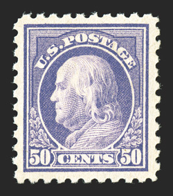 440, 50c Violet, outstanding mint single, extraordinarily well centered within lavishly large and beautifully balanced margins, strong color and impression on fresh paper,
o.g., l.h., extremely fine and handsome 1996 PSE certificate.