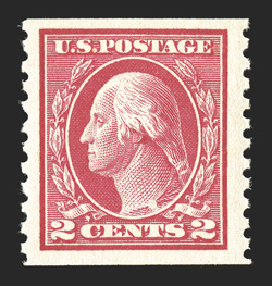 444, 2c Carmine flat plate coil, perf. 10 vert., an incredible jumbo-margined mint single, remarkably well centered, prooflike color and impression, o.g., very lightly hinged,
extremely fine and striking 1992 PSE certificate.
