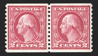 453, 2c Carmine rose rotary coil, Ty. I, perf. 10 vert., fresh mint pair, deep fiery color, o.g., l.h., very fine 2002 PF certificate.